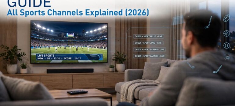 DIRECTV Sports Pack guide 2026 — living room TV showing live sports with sports channel numbers 220 to 235 listed alongside