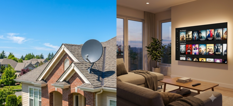 Split image comparing DirecTV satellite dish on a home roof with a streaming smart TV in a living room