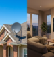 Split image comparing DirecTV satellite dish on a home roof with a streaming smart TV in a living room