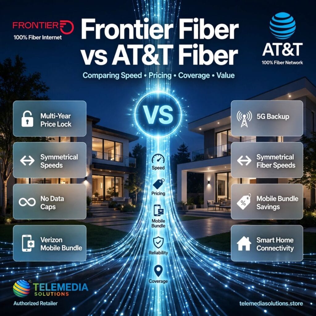 AT&T Fiber vs Frontier Fiber comparison graphic showing multi-year price lock, symmetrical speeds and no data caps for Frontier Fiber, and 5G backup, symmetrical fiber speeds and mobile bundle savings for AT&T Fiber