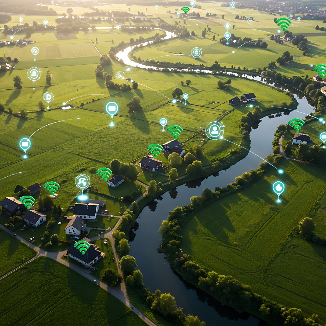Aerial view of green farmland with a winding river and homes, overlaid with glowing wifi and location icons